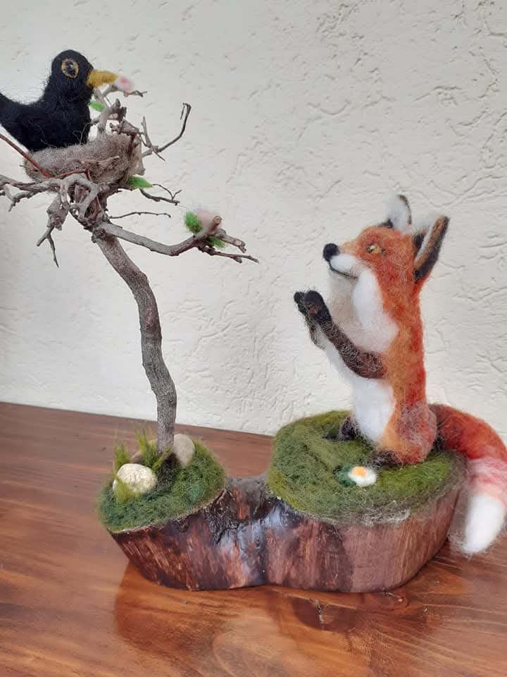 Wool sculpture - fox and crow
